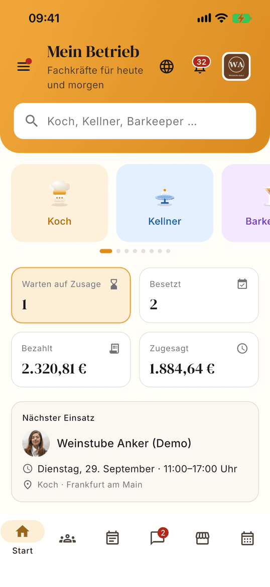 Sunworker app, venue home screen with shifts by status