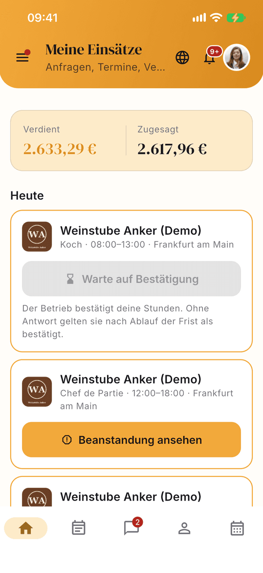 Sunworker app, the professional's home screen