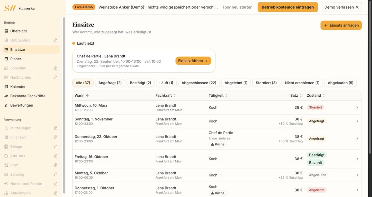 Job list with professional, role, rate, surcharge and status