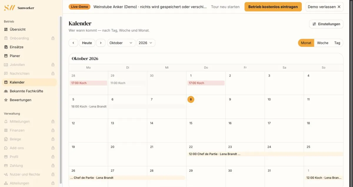 Monthly calendar of the business with jobs