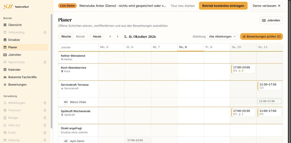 The venue planner: weekly grid with job roles, open shifts and applications