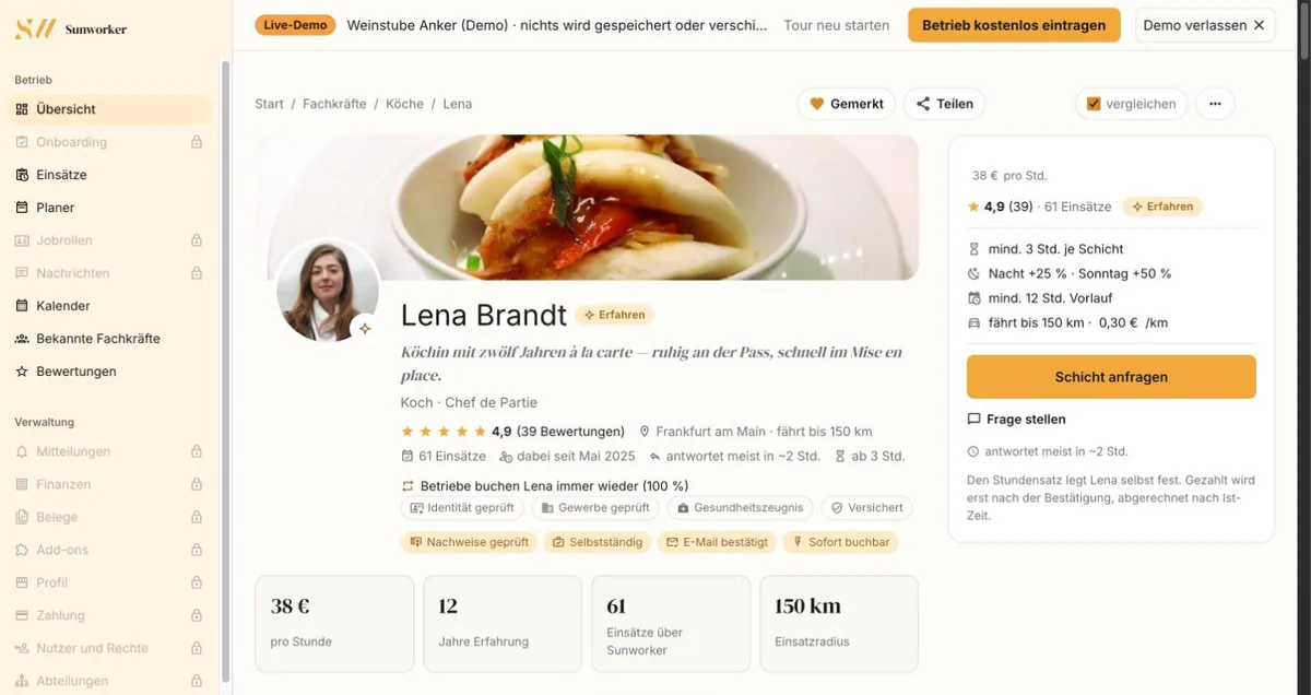 Profile of cook Lena Brandt with reviews, documents and terms